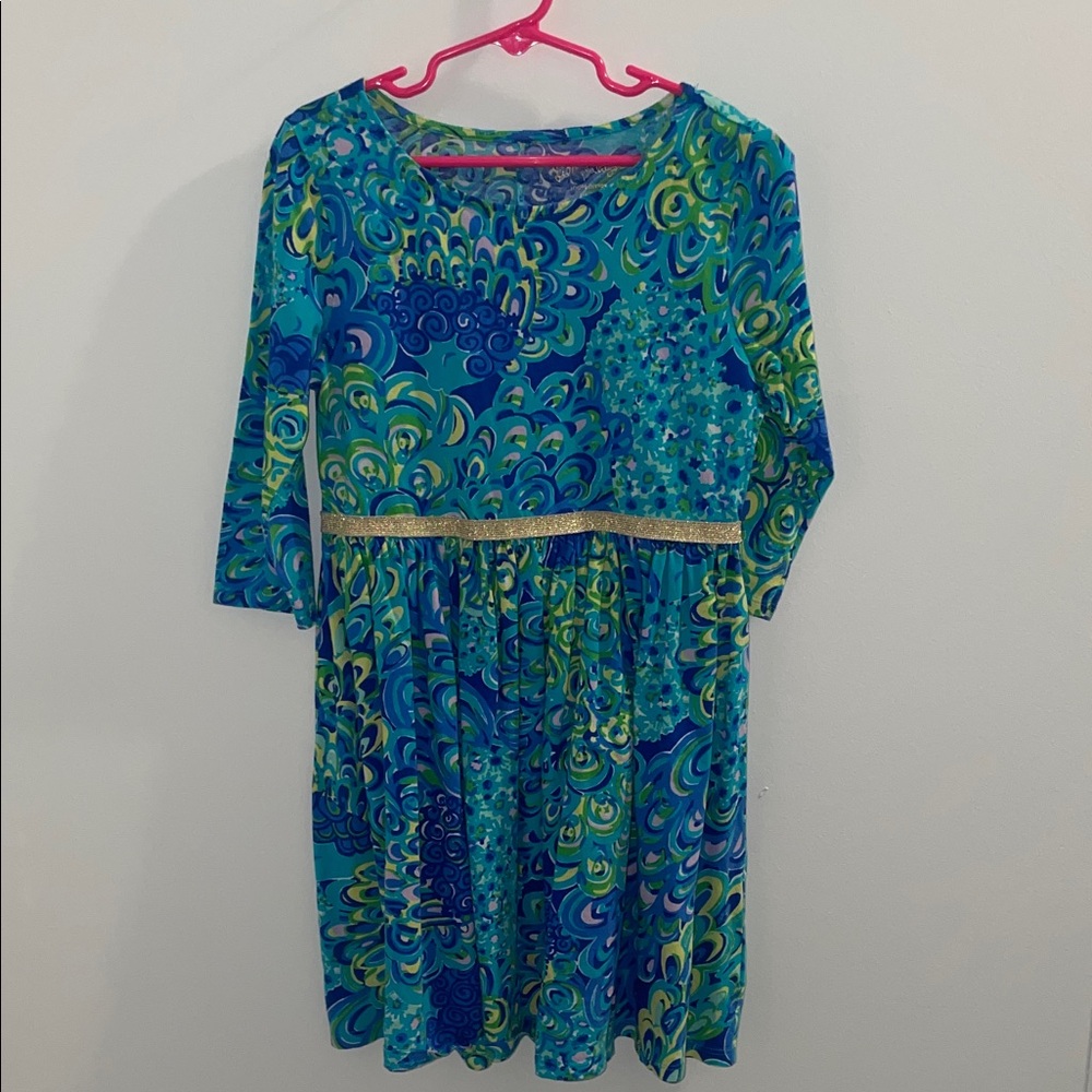 Lilly Pulitzer Blue and Green Printed Long Sleeve Dress with Gold Waist